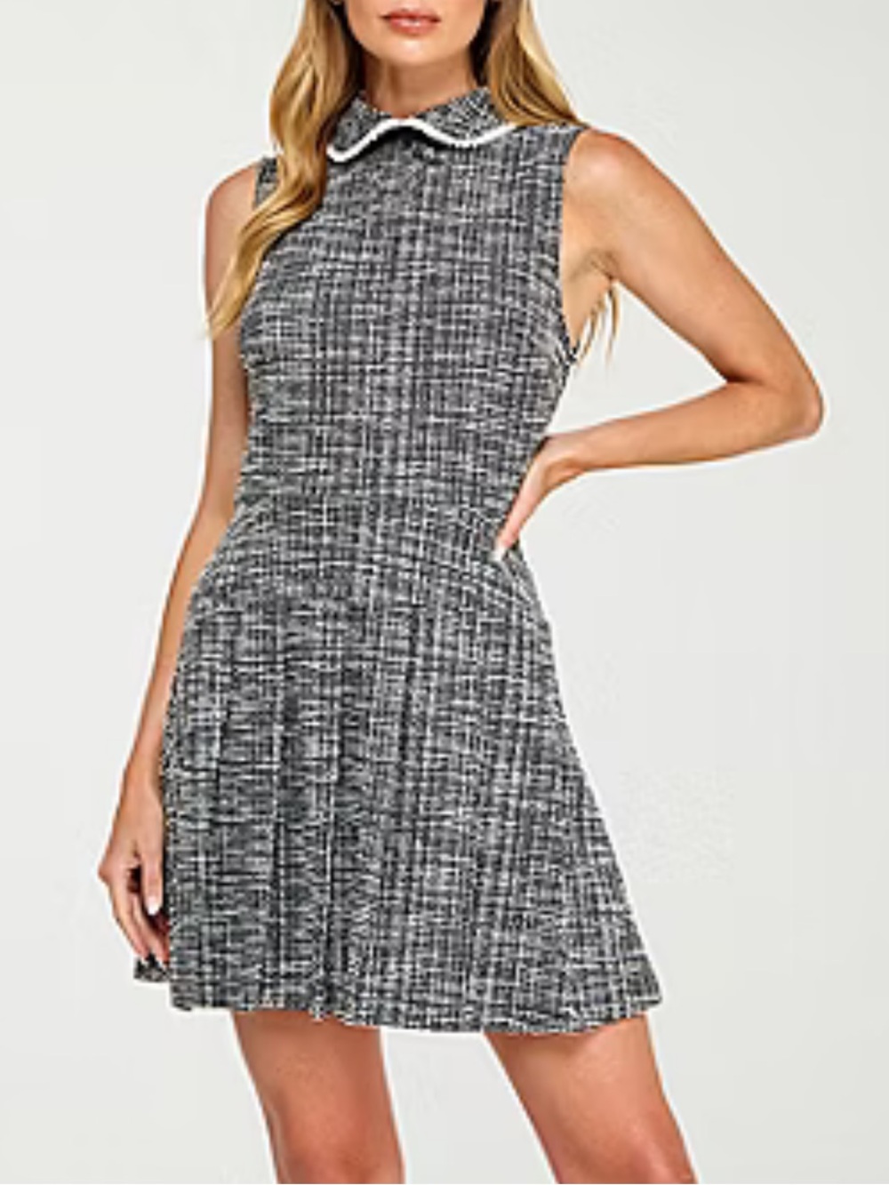 Black & White Bouclé Pearl-Trim Collar Top